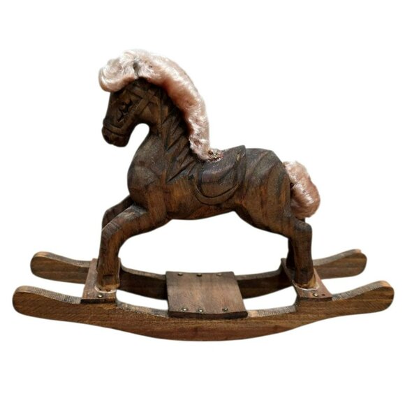 Vintage Hand Carved Wood Rocking Horse Fur Rustic Christmas Holiday Folk Art 7" - Picture 5 of 7